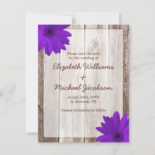 Paarse Daisy Rustic Barn Sla de datum op Save The Date (Voorkant)