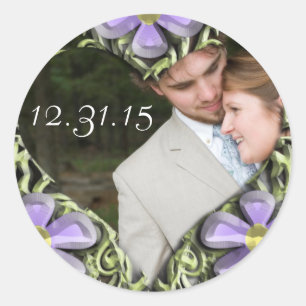 Paarse Daisy trouwstickers Uw foto Ronde Sticker