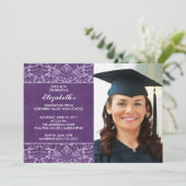 Paarse Damask Afstuderen Uitnodiging met foto (Staand voorkant)