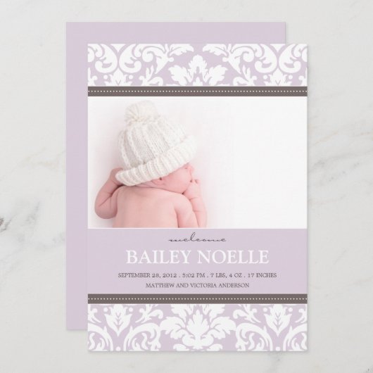 PAARSE DAMASK-BABY | GEBOORTEAANKONDIGING AANKONDIGING (Voorkant / Achterkant)