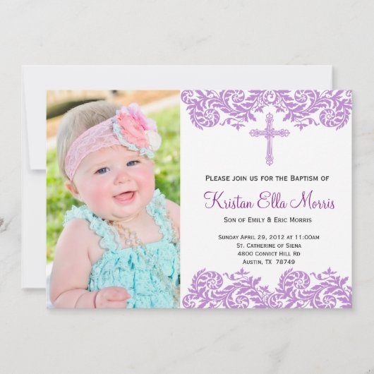 Paarse Damask Christening Baptism Uitnodiging (Voorkant)