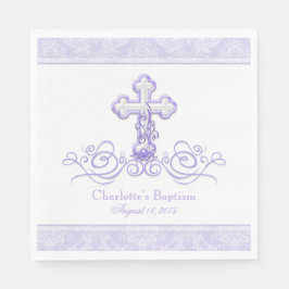 Paarse Damask Cross Meisjes Doop Communie Servet