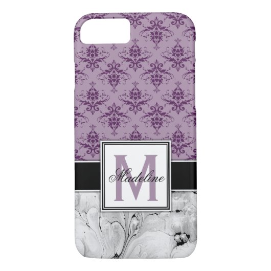 Paarse Damask en Marmeren Monongram Case-Mate iPhone Case (Achterkant)