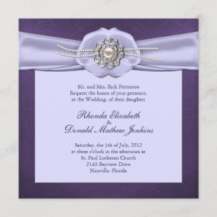 Paarse Damask en Pearls Wedding Invitation Kaart