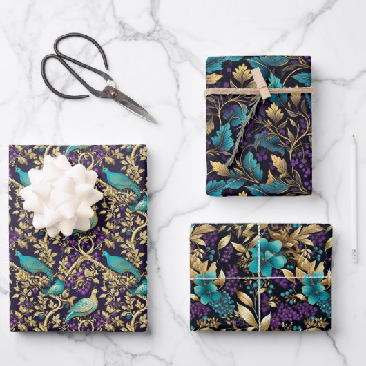 Paarse Damask Floral Inpakpapier Vel (Voorkant)
