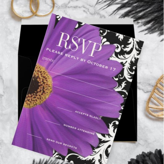 Paarse  Damask Gerber Daisy Wedding RSVP Kaart