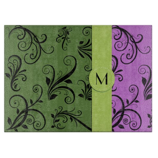Paarse Damask, Green Damask, Monogram Snijplank (Voorkant)