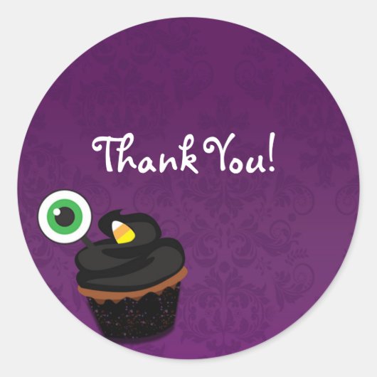 Paarse Damask Halloween Cupcake Feest Sticker (Voorkant)