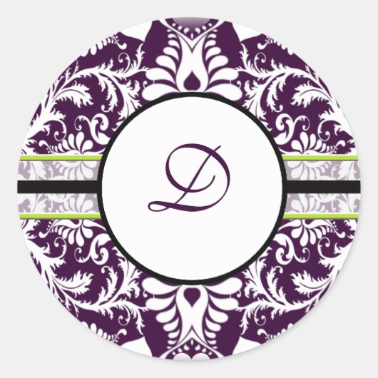 Paarse Damask Initiaal Sticker Letter D bruiloft (Voorkant)