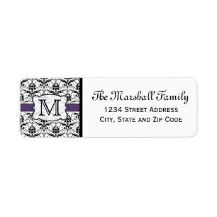 (Paarse) Damask Monogram retouradreslabels Etiket