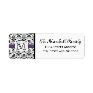 (Paarse) Damask Monogram retouradreslabels Etiket