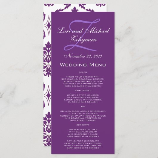 Paarse Damask Monogram Wedding Menu Kaarten (Voorkant / Achterkant)