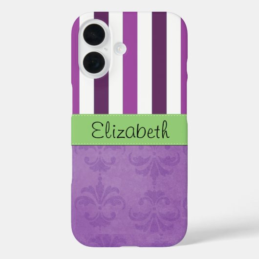 Paarse Damask, Paarse Stripes, Striped, Jouw naam Case-Mate iPhone Case (Achterkant)