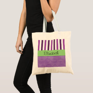 Paarse Damask, Paarse Stripes, Striped, Jouw naam Tote Bag
