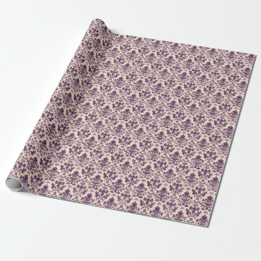  Paarse Damask Pattern op Beige Achtergrond Cadeaupapier (Uitgerold)