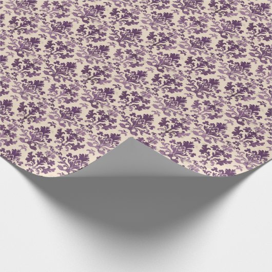  Paarse Damask Pattern op Beige Achtergrond Cadeaupapier (Hoek)