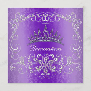 Paarse Damask Quinceanera Diamond Tiara Invite Kaart