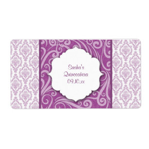 Paarse Damask Quinceañera Waterfles of Favor Etiket