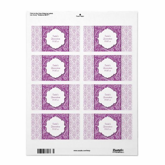 Paarse Damask Quinceañera Waterfles of Favor Etiket (Full Sheet)