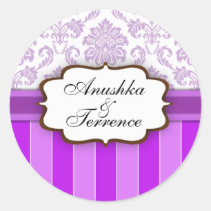 Paarse Damask Stripe Wedding Sticker