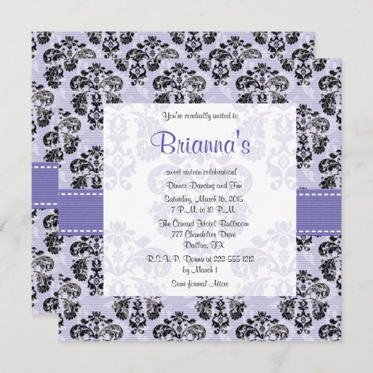Paarse Damask Sweet Sixteen-uitnodigingen Kaart (Voorkant / Achterkant)