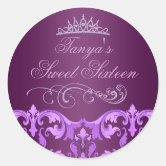 Paarse Damask/Tiara Sweet 16 Envelope Sticker/zege Ronde Sticker