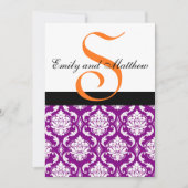 Paarse Damask Wedding Invitting Oranje Monogrammen Kaart (Voorkant)