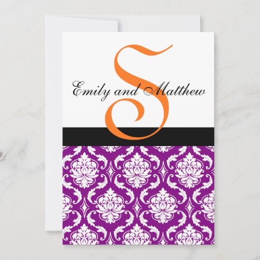 Paarse Damask Wedding Invitting Oranje Monogrammen Kaart (Voorkant)