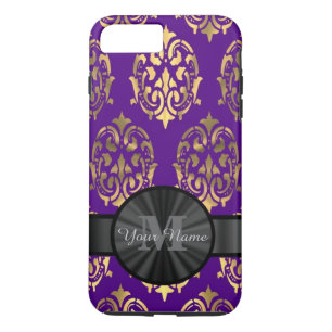 Paarse damast en gouden gepersonaliseerd monogram iPhone 8 plus / 7 plus hoesje