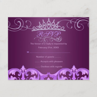 Paarse Damast & Tiara Verjaardags RSVP Kaart