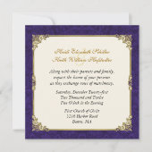 Paarse Damast & Vintage Gouden Trouw Uitnodiging (Voorkant)