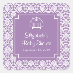 Paarse Damast Wieg Baby shower Vierkante Sticker
