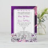 Paarse damaswitte lace bruiloft kaart (Staand voorkant)