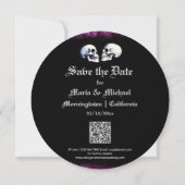Paarse Dancing Skeletons Gothic Save the Date Feestdagenkaart (Achterkant)