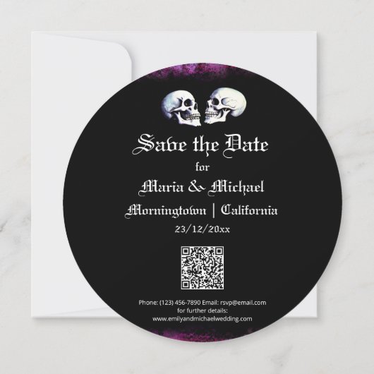 Paarse Dancing Skeletons Gothic Save the Date Feestdagenkaart (Achterkant)