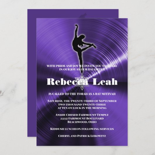 Paarse danseringsdanser bat Mitzvah uitnodiging (Voorkant / Achterkant)
