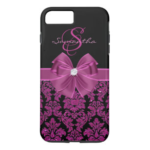 Paarse Dark Magenta Glitter Black Damask, Bow iPhone 8 Plus / 7 Plus Hoesje