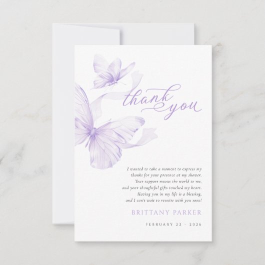 Paarse delicate vlinder Baby shower Bedankkaart (Voorkant)