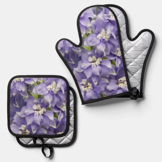 Paarse Delphinium Blooms Floral Ovenwant & Pannenlap Set (Voorkant / Achterkant)