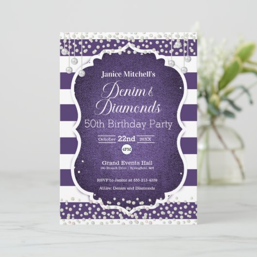 Paarse Denim en Diamonds Verjaardagsuitnodiging Kaart (Staand voorkant)