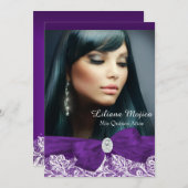 Paarse Diamond Bow en Lace Quinceanera Kaart (Voorkant / Achterkant)