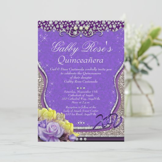 Paarse Diamond Quinceañera en Sweet 16 Kaart (Staand voorkant)