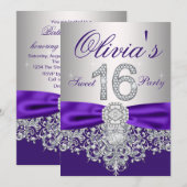 Paarse Diamond Sweet 16 Party Kaart (Voorkant / Achterkant)