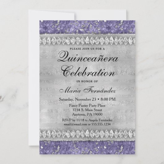 Paarse Diamonds Quinceañera Invitation Silver Glam Kaart (Voorkant)