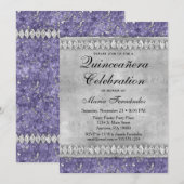 Paarse Diamonds Quinceañera Invitation Silver Glam Kaart (Voorkant / Achterkant)