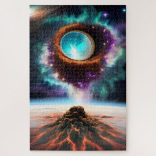 Paarse dimensie zweeft boven vulkanisch nevelstof legpuzzel