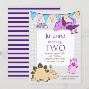  Paarse Dinosaur Birthday Party Kaart