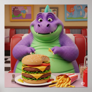 Paarse dinosaurus geniet van een hamburger poster