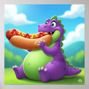 Paarse dinosaurus geniet van een hotdog poster