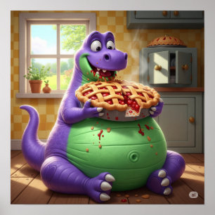 Paarse dinosaurus geniet van taart poster